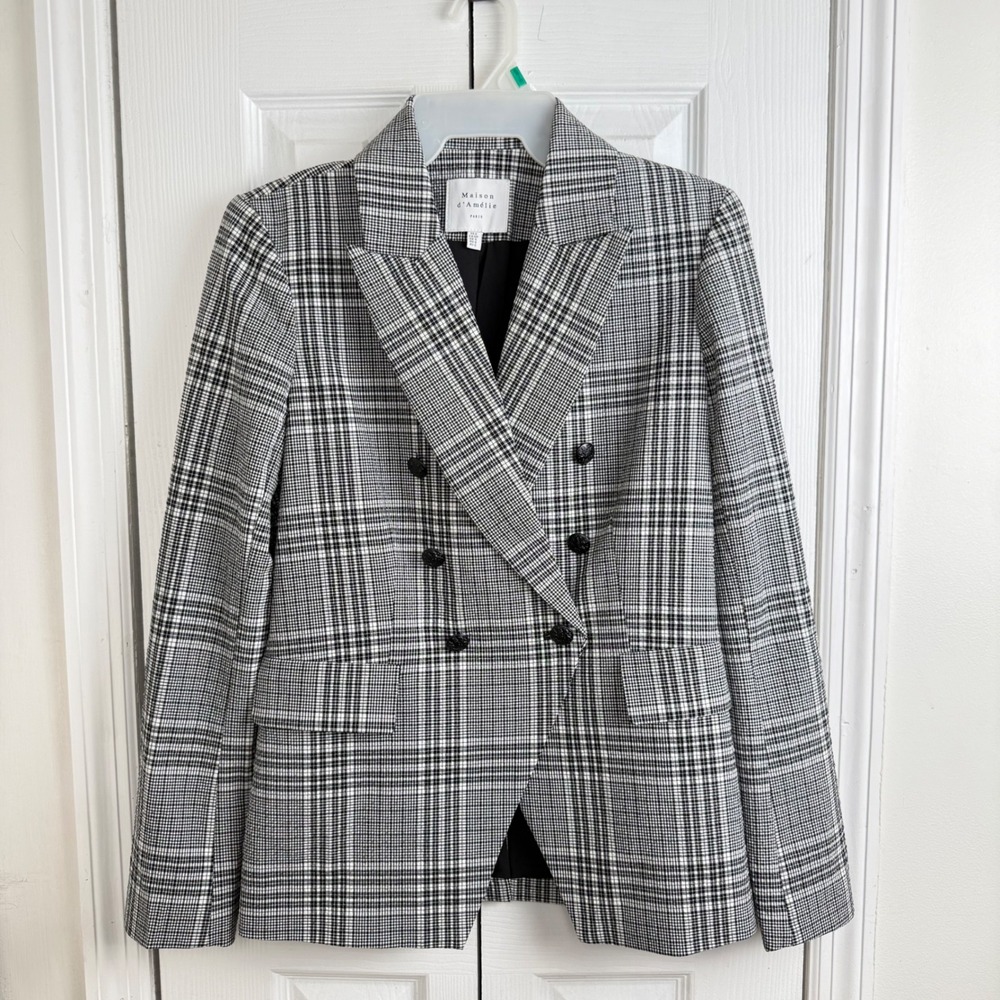 Maison d'Amélie Plaid Double Breasted Blazer Small Black White Dark Academia